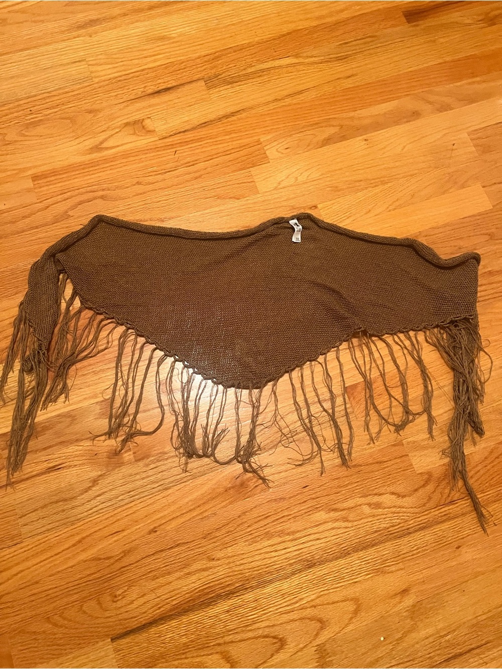 Fringed Knit Shawl Poncho in Brown
